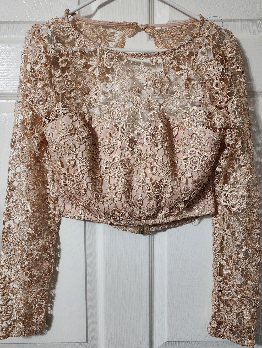 PromGirl Champagne Floral Lace Long-Sleeve Cropped Top